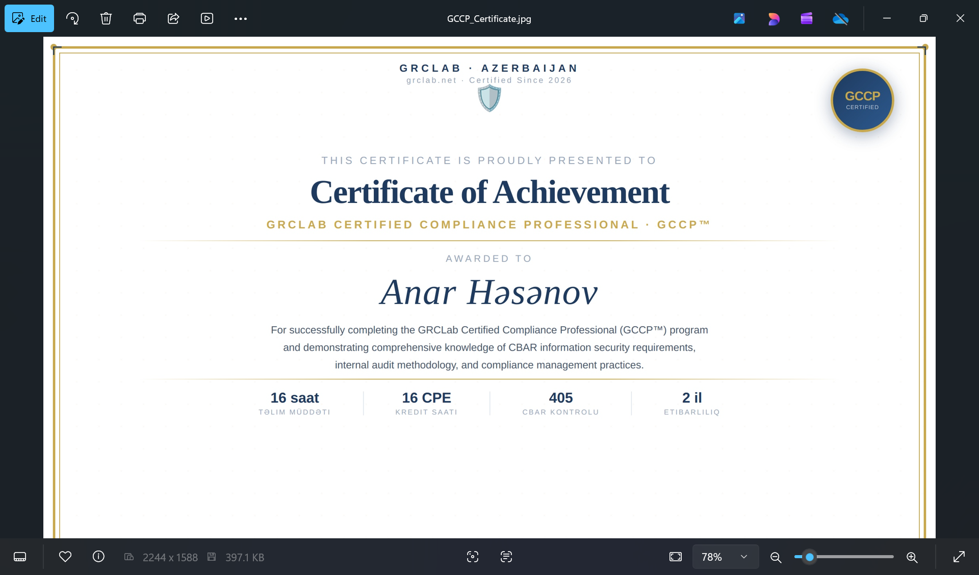 GCCP Certificate Sample